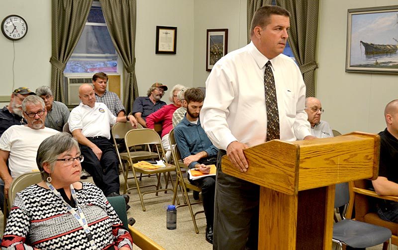 From left: Wiscasset Treasurer Shari Fredette and auditor Chris Bachman attend the Wiscasset Board of Selectmen's Sept. 6 meeting, where selectmen voted to use $1 million from the general fund to reduce the tax commitment. (Abigail Adams photo)