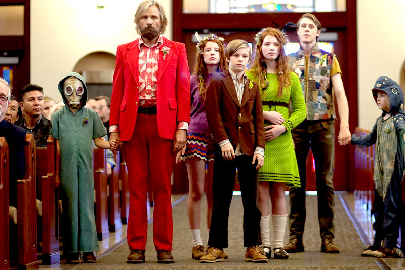 Actor Viggo Mortensen and his on-screen family in "Captain Fantastic."