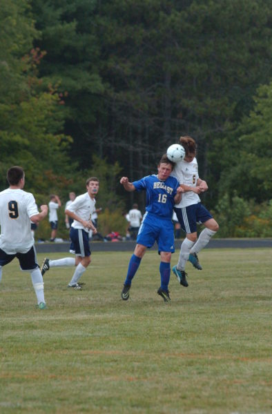 Isaac Eutsler heads the ball for the Panthers. (Carrie Reynolds photo)