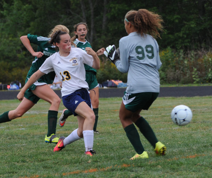 Hannah Prock puts the winning goal past Mt.View keeper Shala Davis with five minutes to play. (Paula Roberts photo)