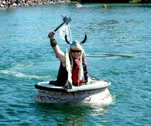 A Viking pumpkin boat competes in the Regatta.