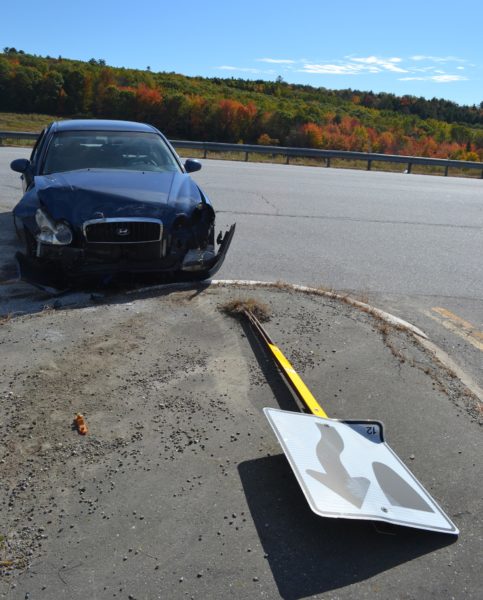 A 2005 Hyundai Sonata struck a street sign after a two-car collision on Route 1 in Damariscotta on Wednesday, Oct. 12. (Maia Zewert photo)