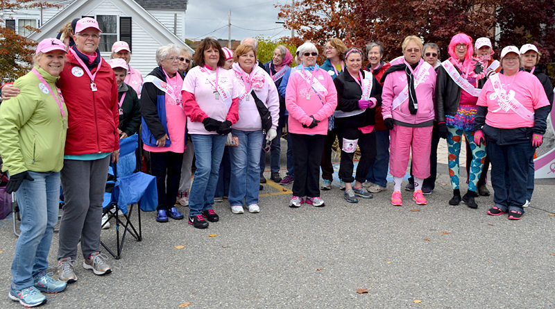 Breast cancer surviviors were recognized before the Making Strides Against Breast Cancer walk in Damariscotta on Sunday, Oct. 23. More than 300 people participated in the annual walk, which raises money for breast cancer research, as well as education and support for patients. (Maia Zewert photo)