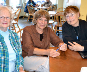 Menbers of the Miles Memorial Hospital League Art Committee, which is celebrating its 30th anniversary this fall (from left): Bristol artist Judy Nixon; Connie Bright, director of volunteers at LincolnHealth; and Pemaquid artist Julie Babb, president of the art committee. (Christine LaPado-Breglia photo)