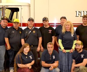 Members of the Dresden Fire Department at their annual open house Wednesday, Oct. 5, after a week of several difficult emergency calls. Back from left: Ike Heffron, Gorham Lilly, Chief Steve Lilly, Tyler Cray, Gerald Lilly, Susan Lilly, and Andrew Spicer. Front: Sabrina Dora, Mike Nylan, and Brendan Parker. (Abigail Adams photo)