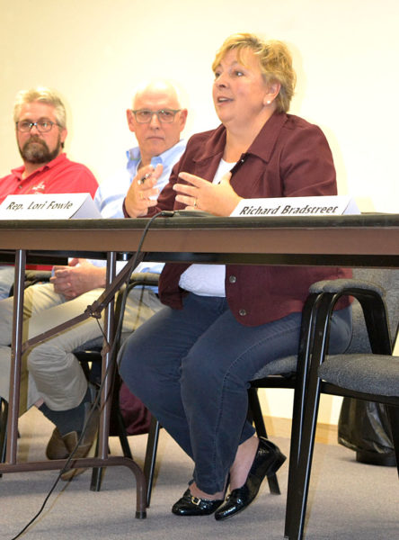 State Rep. Lori Fowle, D-Vassalboro, speaks during a candidates forum at the Lincoln County Regional Planning Commission in Wiscasset on Thursday, Oct. 6, as Rep. Jeff Pierce, R-Dresden, and Will Neilson, D-Arrowsic, look on. (Christine LaPado-Breglia photo)