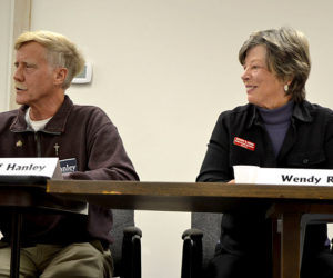 State Rep. Jeff Hanley, R-Pittston, speaks during a candidates forum as his challenger, Wendy Ross, D-Wiscasset, looks on. (Christine LaPado-Breglia photo)