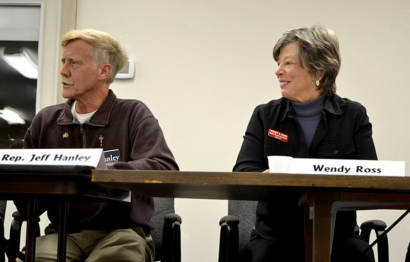 State Rep. Jeff Hanley, R-Pittston, speaks during a candidates forum as his challenger, Wendy Ross, D-Wiscasset, looks on. (Christine LaPado-Breglia photo)