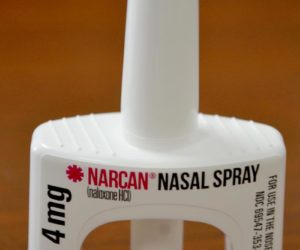 A dose of Narcan nasal spray in stock at Central Lincoln County Ambulance Service headquarters in Damariscotta on Monday, Oct. 17. The Lincoln County Sheriff's Office and Damariscotta Police Department will soon stock Narcan in patrol vehicles. (Abigail Adams photo)