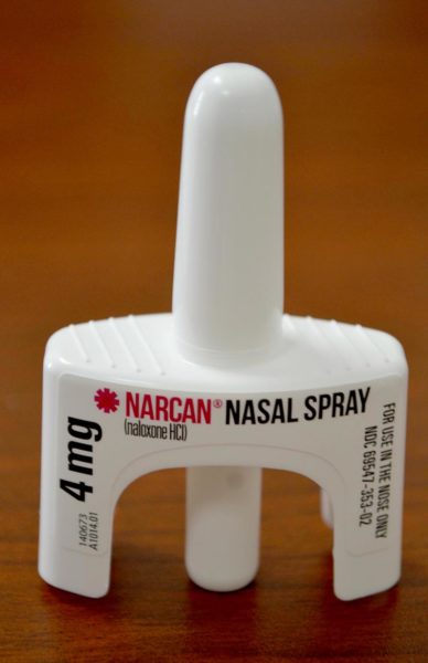 A dose of Narcan nasal spray in stock at Central Lincoln County Ambulance Service headquarters in Damariscotta on Monday, Oct. 17. The Lincoln County Sheriff's Office and Damariscotta Police Department will soon stock Narcan in patrol vehicles. (Abigail Adams photo)