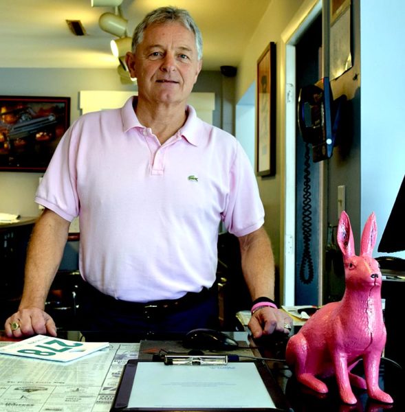 Newcastle Chrysler customers can help with dealership President Randy Miller's efforts to raise funds for the American Cancer Society by depositing donations in the pink bunny at the service counter. Miller is one of 25 Real Men in Pink of Maine, community leaders who are raising awareness and funds for the American Cancer Society. (J.W. Oliver photo)