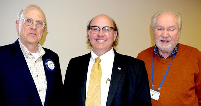 From left: Damariscotta-Newcastle Rotary Club member John Atwood, Maine Secretary of State Matthew Dunlap, and club President Bob Topper. Dunlap was the guest speaker at the club's weekly meeting Tuesday, Oct. 25. (J.W. Oliver photo)