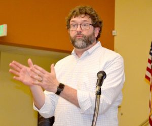 Maine Learning Technology Initiative Policy Director Mike Muir talks about the initiative's shift in focus during an RSU 12 Board of Directors meeting on Thursday, Oct. 13. (Abigail Adams photo)