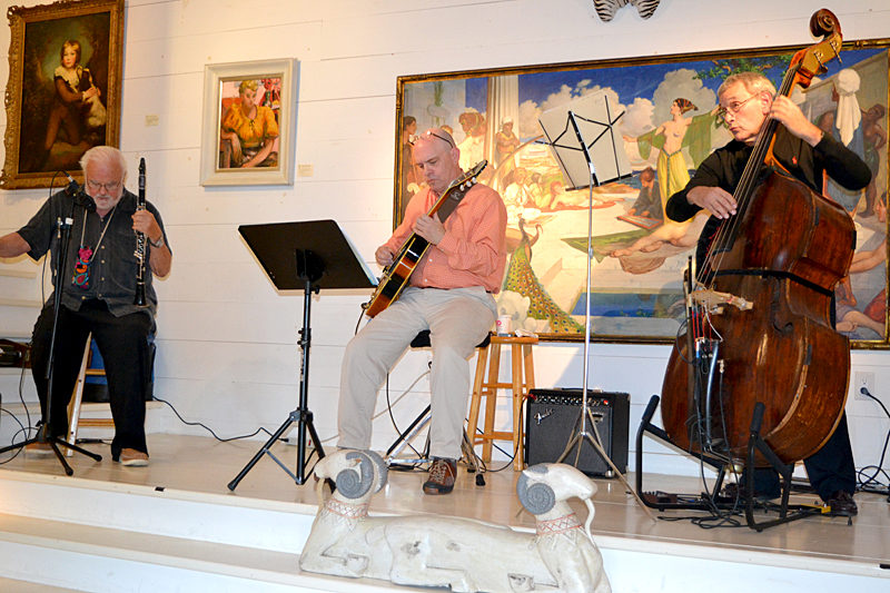 From left: Jazz clarinetist Brad Terry, guitarist David Clarke, and bassist Vaughn DeForest perform for visitors to WBG Modern and Contemporary during Wiscasset Art Walk on Thursday, Sept. 29. (Christine LaPado-Breglia photo)