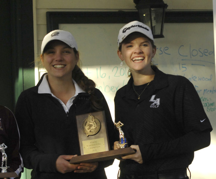 Maine Schoolgirl golf  2016 co-champions Erin Holmes of Greely and Bailey Plourde of Lincoln Academy. The State championship was Plourde's third, and Holmes' first. (Paula Roberts photo)