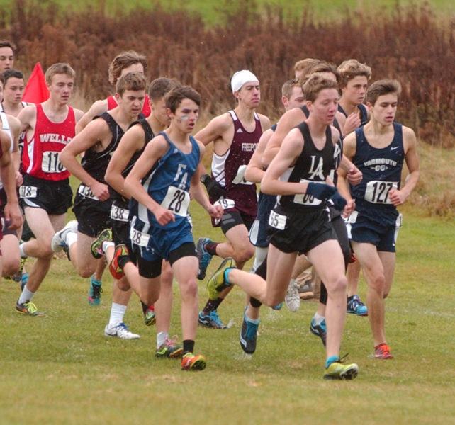 Eagle runner Sam Russ (65) runs in a pack of runners. Russ placed fourth in South B cross county on Saturday at Twin Brook Recreation in Cumberland.  (Carrie Reynolds photo)