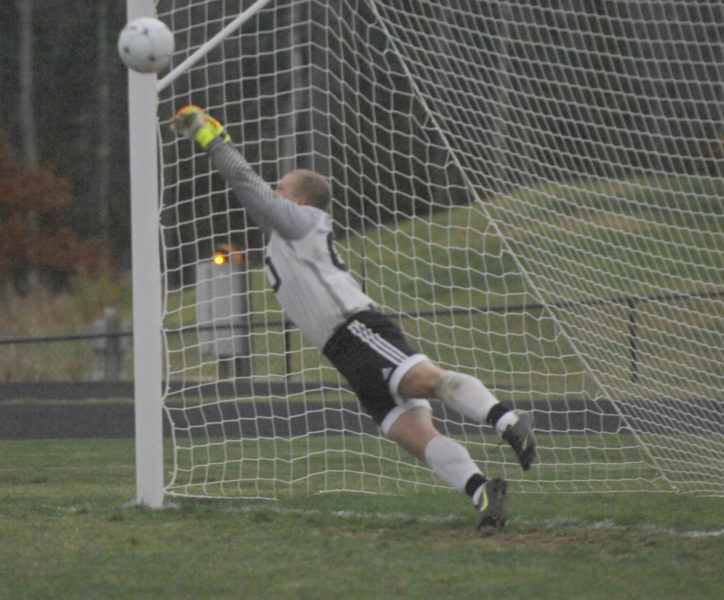 Medomak Valley goal keeper Cameron Robinson saved four straight penaltiy kicks to lift the Panthers to a 2-1 overtime win over MCI. (Paula Roberts photo)