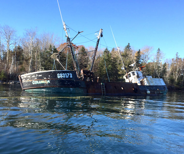 The fishing vessel Columbia, formerly a resident of Pemaquid Harbor in Bristol and Greenland Cove in Bremen, is reportedly aground near the shore of Louds Island.