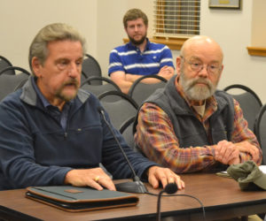 Friends of Colonial Pemaquid President Don Loprieno (left) and board member Barry Masterson speak about the group's efforts to lease the Colonial Pemaquid State Historic Site from the state during the Damariscotta Board of Selectmen's meeting Wednesday, Nov. 16. (Maia Zewert photo)
