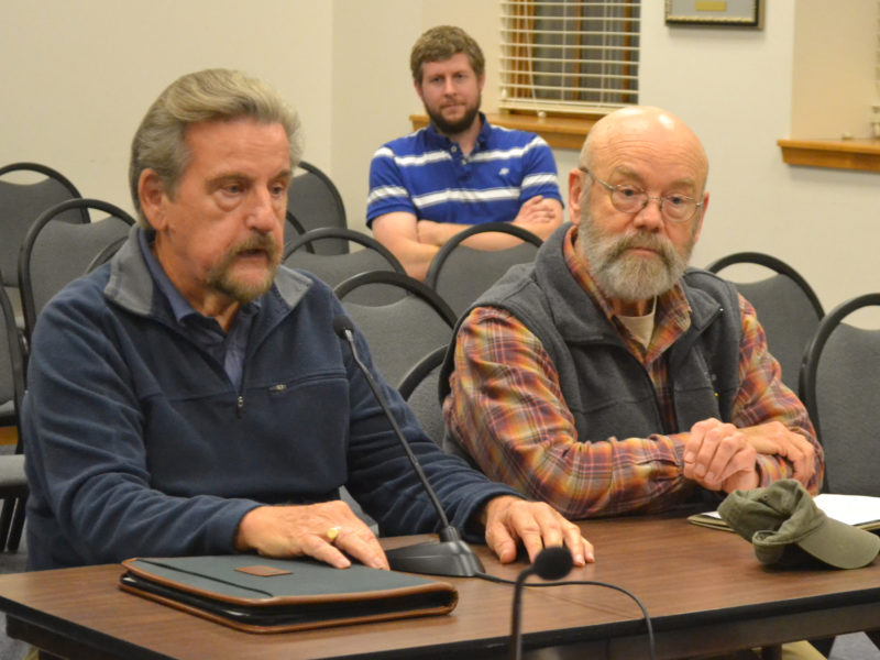 Friends of Colonial Pemaquid President Don Loprieno (left) and board member Barry Masterson speak about the group's efforts to lease the Colonial Pemaquid State Historic Site from the state during the Damariscotta Board of Selectmen's meeting Wednesday, Nov. 16. (Maia Zewert photo)