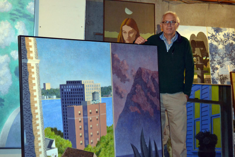 Winslow Myers stands behind one of his 27 large-scale paintings, this one merging a New York City-inspired image with one depicting an area in Baja California, Mexico. Myers is in the basement of his Bristol home, where he stores many of his paintings for rotation in his ground-floor home gallery, Petrel Fine Arts. (Christine LaPado-Breglia photo)