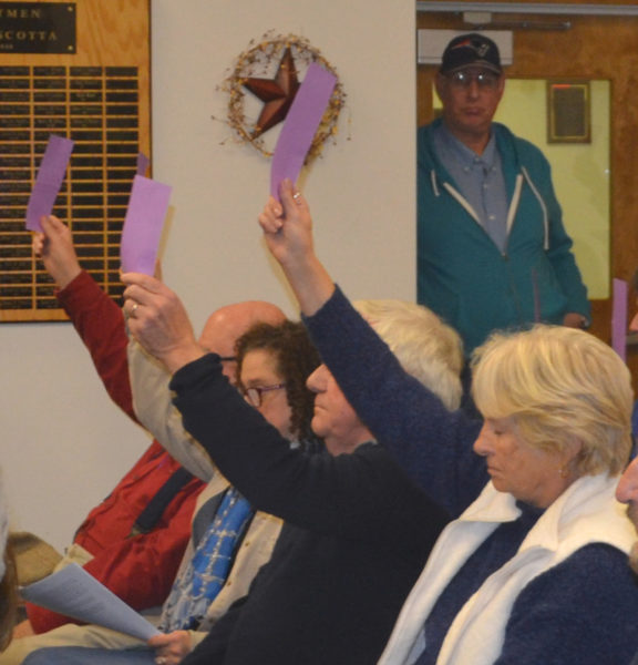 Damariscotta residents vote in favor of a bond issue during a special town meeting at the Damariscotta town office Wednesday, Nov. 16. (Maia Zewert photo)