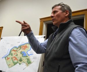 Peter Biegel, a landscape architect with Land Design Solutions, presents the plan for LincolnHealth's outpatient health center during a meeting of the Damariscotta Planning Board on Monday, Nov. 14. The planning board will hold a public hearing on the application Monday, Dec. 5. (Maia Zewert photo)