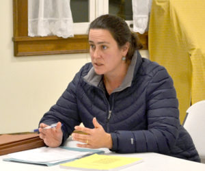 Town attorney Jessica Avery counsels the Dresden Board of Selectmen on the process of adopting a temporary ban on retail shops, clubs, and outlets for recreational marijuana during the board's Monday, Nov. 28 meeting. (Abigail Adams photo)