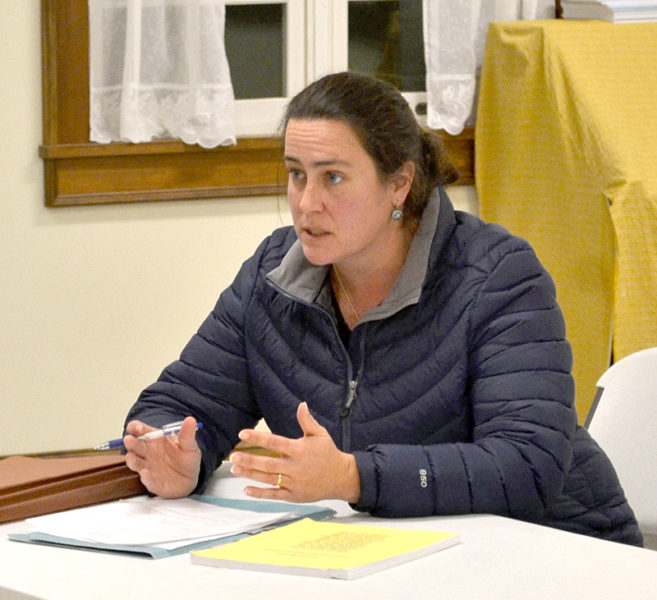 Town attorney Jessica Avery counsels the Dresden Board of Selectmen on the process of adopting a temporary ban on retail shops, clubs, and outlets for recreational marijuana during the board's Monday, Nov. 28 meeting. (Abigail Adams photo)