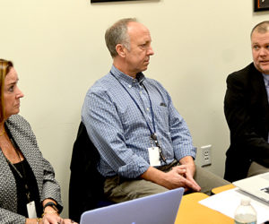 From left: AOS 98 Superintendent Eileen King, Assistant Superintendent Shawn Carlson, and RSU 12 Superintendent Howard Tuttle meet at the Edgecomb Eddy School on Monday, Nov. 14 to discuss areas of potential collaboration between the two districts. (Abigail Adams photo)