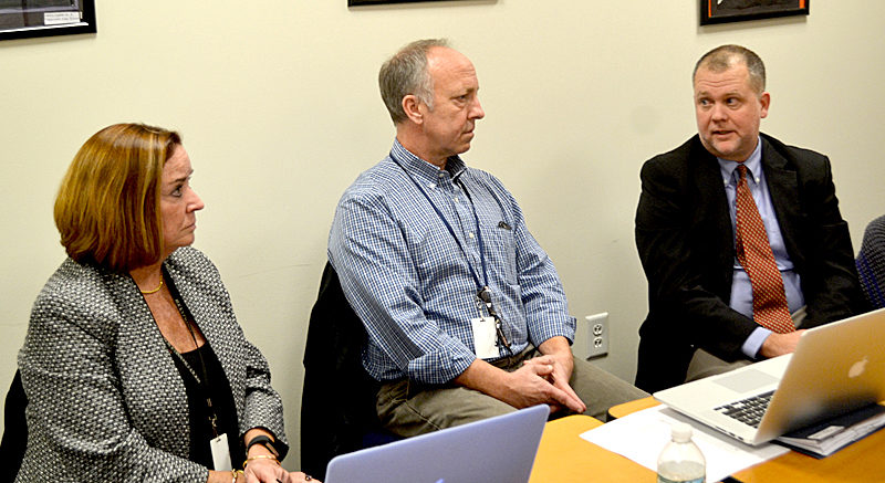 From left: AOS 98 Superintendent Eileen King, Assistant Superintendent Shawn Carlson, and RSU 12 Superintendent Howard Tuttle meet at the Edgecomb Eddy School on Monday, Nov. 14 to discuss areas of potential collaboration between the two districts. (Abigail Adams photo)