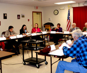 The Lincoln County Budget Advisory Committee completes its review of the 2017 budget Thursday, Oct. 27. Clockwise from left: Chairman Bud Lewis; committee members Wendy Pieh and Robin Mayer; County Finance Directer Michelle Cearbaugh; County Administrator Carrie Kipfer; Commissioners Mary Trescot, William Blodgett, and Hamilton Meserve; Administrative Assistant Deb Tibbetts; and committee members Benjamin Rines Jr., Jack Sarmanian, and George Richardson Jr. (Charlotte Boynton photo)