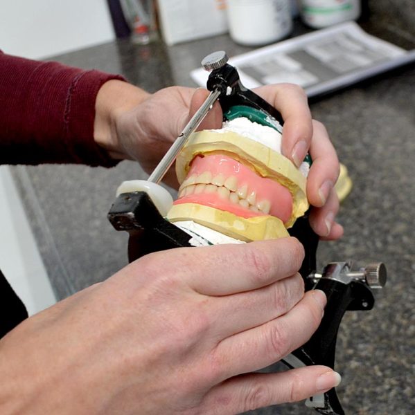 Kathryn A. Young holds a pair of dentures that were fabricated in the Denture Designs laboratory. The lab is on the second floor of the practice's new location in Walpole. (Maia Zewert photo)