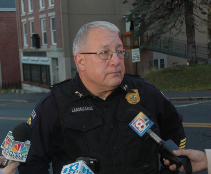 Waldoboro Police Chief Bill Labombarde speaks to reporters on the corner of Main Street and Friendship Road in Waldoboro the morning of Friday, Nov. 4. Labombarde said a standoff with a Waldoboro man ended with the man's arrest around 7:10 a.m. (Alexander Violo photo)
