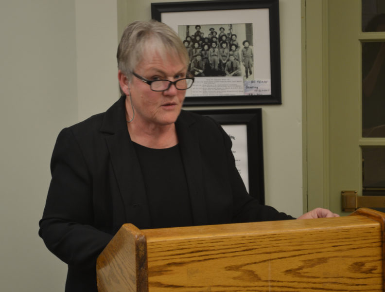 Marge Kilkelly, senior policy advisor to U.S. Sen. Angus King, speaks with the Wiscasset Board of Selectmen on Tuesday, Nov. 15 about a proposal to form an alliance with other communities dealing with nuclear waste. (Abigail Adams photo)