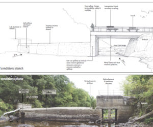 A rendering of what the Head Tide Dam would look like after implementation of the dam committee's unanimous proposal (above) with a recent photo of the dam.