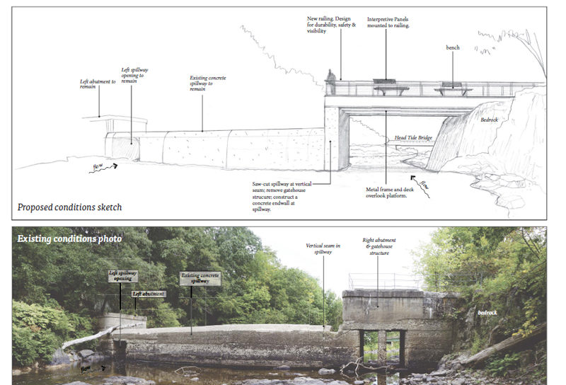 A rendering of what the Head Tide Dam would look like after implementation of the dam committee's unanimous proposal (above) with a recent photo of the dam.