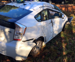 The driver of a 2010 Toyota Prius is at Maine Medical Center in Portland after an accident at the intersection of Biscay Road and Lessner Road in Damariscotta the morning of Friday, Dec. 2. (Photo courtesy Sgt. Jason Warlick)