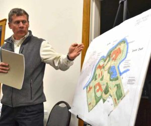 Peter Biegel, a landscape architect with Land Design Solutions, talks about the plan for LincolnHealth's outpatient health center during a public hearing at the Damariscotta town office on Monday, Dec. 5. The Damariscotta Planning Board approved LincolnHealth's application after the public hearing. (Maia Zewert photo)