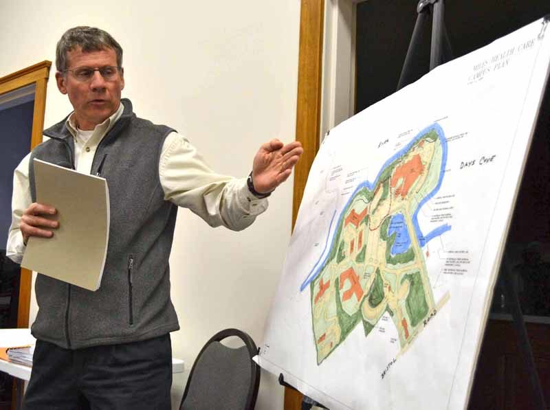 Peter Biegel, a landscape architect with Land Design Solutions, talks about the plan for LincolnHealth's outpatient health center during a public hearing at the Damariscotta town office on Monday, Dec. 5. The Damariscotta Planning Board approved LincolnHealth's application after the public hearing. (Maia Zewert photo)