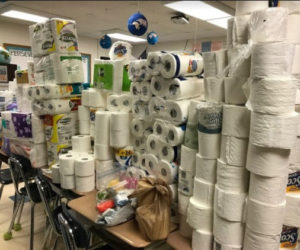 Some of the 600-plus rolls of toilet paper the Great Salt Bay Community School Student Council collected for donation to One Less Worry. Some rolls were donated individually, while others were in packs of 24. (Photo courtesy Ann Jackson)