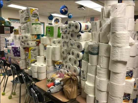 Some of the 600-plus rolls of toilet paper the Great Salt Bay Community School Student Council collected for donation to One Less Worry. Some rolls were donated individually, while others were in packs of 24. (Photo courtesy Ann Jackson)