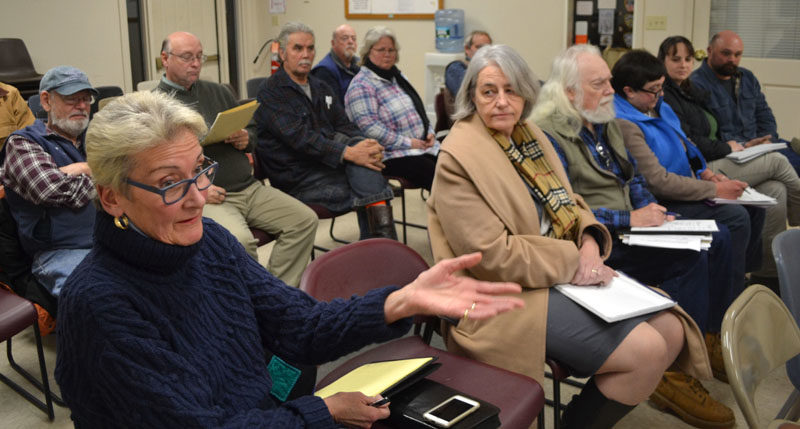 Marva Nesbit, one of the landowners whose property abuts Sherman Marsh in Newcastle, asks a question during a meeting with Maine Department of Transportation officials Monday, Dec. 12. (Maia Zewert photo)