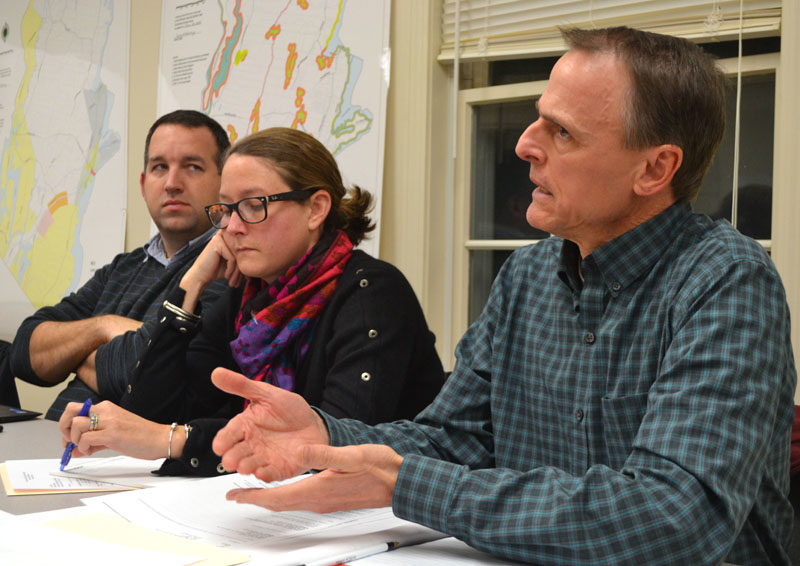 Maine Department of Transportation Project Manager Deane Van Dusen speaks as Newcastle Town Administrator Jon Duke and DOT Manager of Legislative and Constituent Services Meghan Russo look on. (Maia Zewert photo)