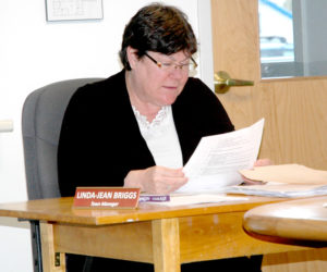 Waldoboro Town Manager Linda-Jean Briggs speaks during a meeting of the Waldoboro Board of Selectmen on April 26. Briggs will resign effective Jan. 20. (Alexander Violo photo)