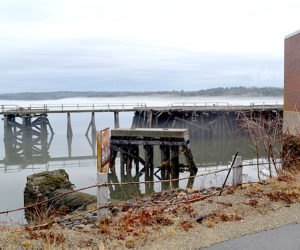 The pier at Mason Station in February. Joseph Cotter, of Mason Station LLC, has proposed renovating the pier as part of a new project to transform the power plant and surrounding properties into a marijuana tourist destination. (Abigail Adams photo)