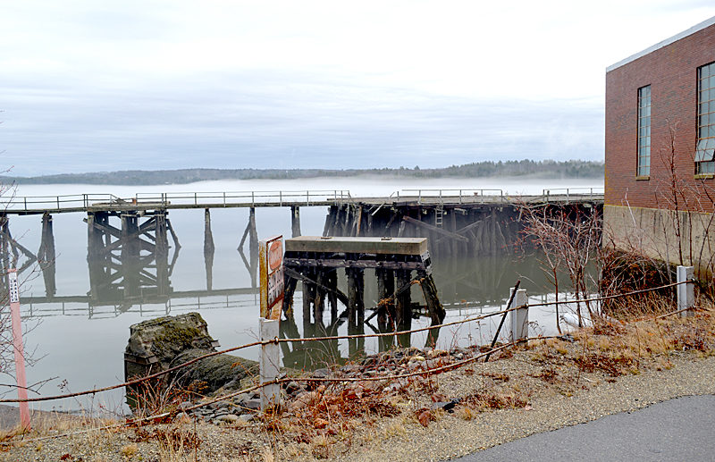 The pier at Mason Station in February. Joseph Cotter, of Mason Station LLC, has proposed renovating the pier as part of a new project to transform the power plant and surrounding properties into a marijuana tourist destination. (Abigail Adams photo)