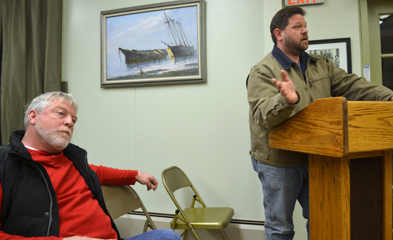 Wiscasset School Committee member Glen Craig (left) and Chair Michael Dunn respond to selectmen's objection to their recent approval of an energy conservation performance contract at the Wiscasset Board of Selectmen's Tuesday, Dec. 20 meeting. (Abigail Adams photo)