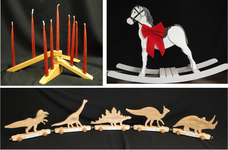 Craftsman Fred Bischoff has created beautiful handmade items to sell for the holidays to benefit the Waldoboro Public Library, such as foldable candle holders (upper left). Up for bid in a silent auction are Â“Rocky HossÂ” (upper right) and a dinosaur train.