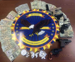 About $10,000 of crack cocaine and heroin, about $4,000 in cash, and five handguns were among the contraband seized during a drug bust in Augusta the morning of Tuesday, Dec. 20. Two Wiscasset women are among the 12 people who face charges in the investigation.